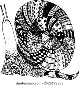 Hand drawn snail with shell. Doodle line art. Drawn with a black outline