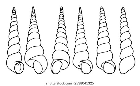 Hand drawn snail shell Outline black. doodle  sea shells set with doodle style.