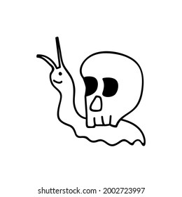 Hand drawn snail with a skull on its back. Doodle vector illustration. Isolate on a white background. Goblincore print.