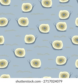 Hand drawn snails and line grass on blue background. Vector illustration with cute snails, seamless pattern.