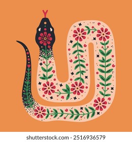 Hand drawn snake. Colorful Chinese New Year snake zodiac sign, poisonous ornamental snake flat vector illustration. Snake with flower pattern