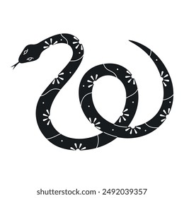 Hand drawn snake with doodle floral elements. Black and white mystic snake. Symbol of Chinese New Year 2025.  Vector illustration isolated on white background. 