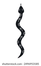 Hand drawn snake with doodle flowers and leaves elements. Black and white magic snake. Symbol of Chinese New Year 2025.  Vector illustration isolated on white background. 