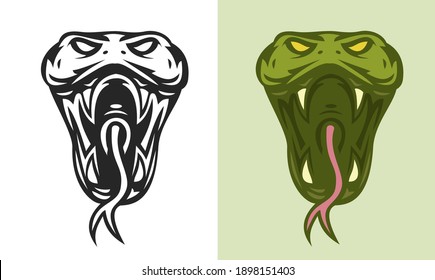 Hand drawn snake head isolated on white background. Color and monochrome element in cartoon vintage style for, tattoo, print, poster. Vector illustration.