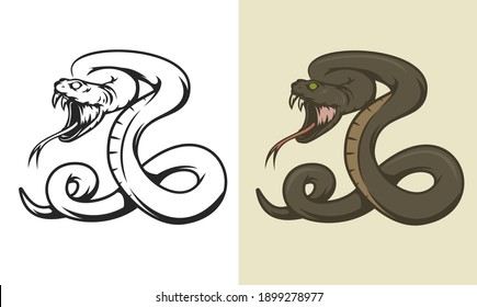 Hand drawn snake isolated on white background. Color and monochrome element in cartoon vintage style for, tattoo, print, poster. Vector illustration.