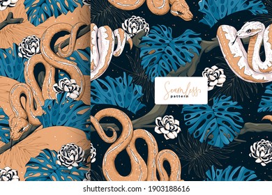 hand drawn snake and monstera leaves pattern
