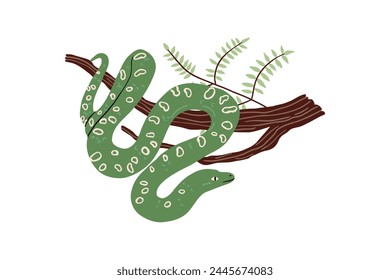 hand drawn snake on a branch in flat style. jungle, wild nature. vector illustration for design.
