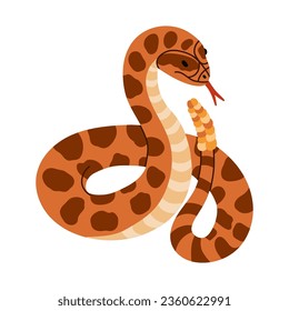 Hand drawn snake with rattle clipart. Jungle or zoo rattlesnake standing in action with tongue out. Tropical or Wild West poison viper in front view. Vector wildlife concept. Green dangerous serpent