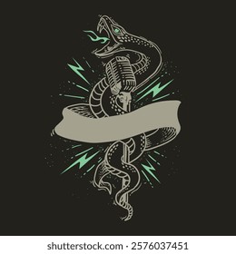 Hand drawn snake with ribbon and lightning