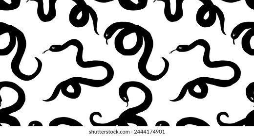 Dibujado a mano serpiente patrón sin fisuras, fondo de Vector de garabato peculiar, blanco y negro