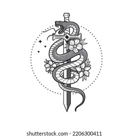 hand drawn snake, sword and flower vector illustration design