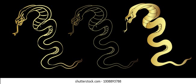 Hand drawn snake vector Illustration on black background.Golden snake cobra tattoo.Hand drawn snake with cherry blossom and cloud vector 