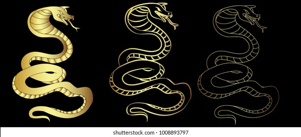 Hand drawn snake vector Illustration on black background.Golden snake cobra tattoo.Hand drawn snake with cherry blossom and cloud vector 