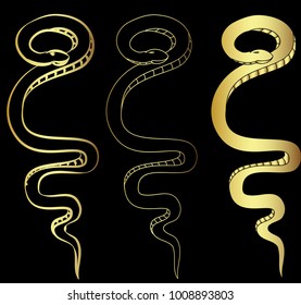Hand drawn snake vector Illustration on black background.Golden snake cobra tattoo.Hand drawn snake with cherry blossom and cloud vector 