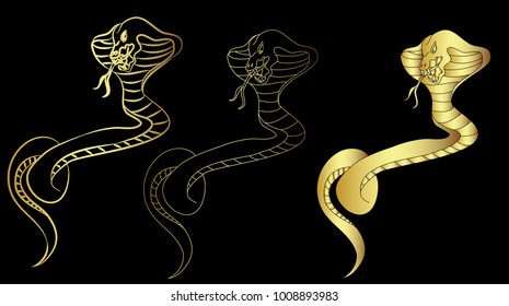 Hand drawn snake vector Illustration on black background.Golden snake cobra tattoo.Hand drawn snake with cherry blossom and cloud vector 