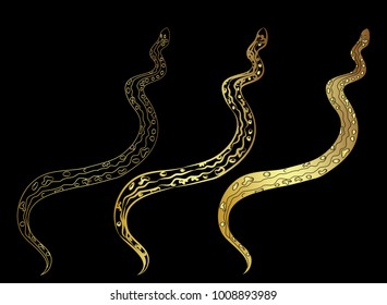 Hand drawn snake vector Illustration on black background.Golden snake cobra tattoo.Hand drawn snake with cherry blossom and cloud vector 