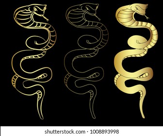 Hand drawn snake vector Illustration on black background.Golden snake cobra tattoo.Hand drawn snake with cherry blossom and cloud vector 
