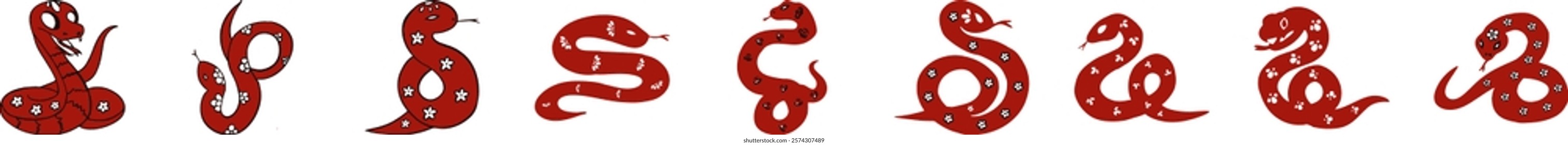 Hand drawn snakes element vector set. Chinese new year symbol. Year of the snake illustration for greeting card, sticker, calendar, background.