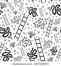 Hand drawn snakes, ladders, plants and doodle stars in black and white vector seamless pattern. Minimal monochrome surface art designed for printing on various surfaces or for use in graphic design.