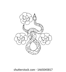 Hand drawn snakes. Sketch vector snake with flowers illustration.