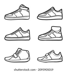 Hand Drawn sneaker collection outline. drawing vector, black line sneaker collection. vector Illustration.