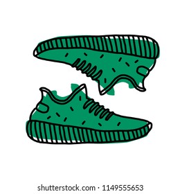 
Hand drawn sneakers, gym shoes.  Vector illustration. Doodle. Logo. Tatto sketch. Print for t-shirt and bags.
