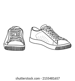 Hand drawn sneakers, gym shoes. Top view. Doodle vector illustration.