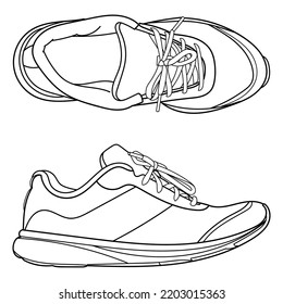 Hand drawn sneakers, gym shoes, side and top view. Doodle vector illustration.	
