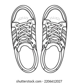 Hand drawn sneakers, gym shoes. Doodle vector illustration. Top view