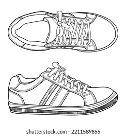 Hand drawn sneakers, gym shoes. Classic vintage style. Doodle vector illustration.