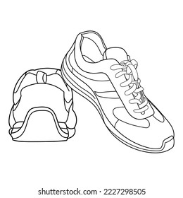 Hand drawn sneakers, gym shoes rear and 3d view. Classic vintage style. Doodle vector illustration.