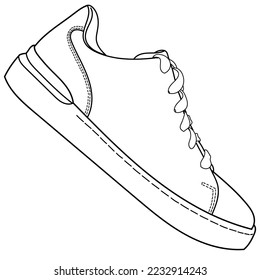Hand drawn sneakers, gym shoes. Classic vintage style. Detailed and realistic Side view. Vector doodle illustration.	