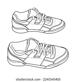 Hand drawn sneakers, gym shoes. Side 3d view. Doodle outline vector illustration.
