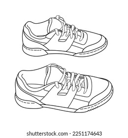 Hand drawn sneakers, gym shoes,  Image in different views including front, top, side, and 3d view. Doodle outline vector illustration.