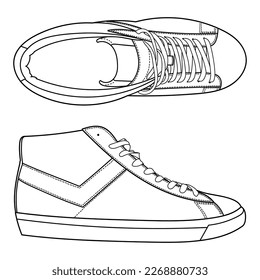 Hand drawn sneakers, gym shoes, top view. Doodle vector illustration..