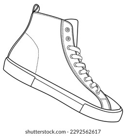 hand drawn sneakers, gym shoes, top view. Image in different views - front, back, top, side, sole and 3d view. Doodle vector illustration.