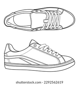 zapatillas de deporte a mano, zapatos de gimnasia, vista superior. Imagen en diferentes vistas: vista frontal, posterior, superior, lateral, de lenguado y 3d. Ilustración del vector Doodle.