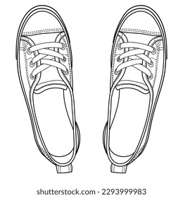 hand drawn sneakers, gym shoes, top view. Image in different views - front, back, top, side, sole and 3d view. Doodle vector illustration.	

