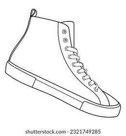 hand drawn sneakers, gym shoes, side view. Image in different views - front, back, top, side, sole and 3d view. Doodle vector illustration