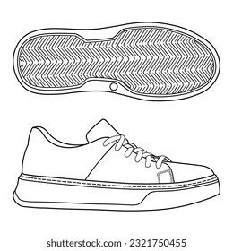 hand drawn sneakers, gym shoes, side and sole view. Image in different views - front, back, top, side, sole and 3d view. Doodle vector illustration.