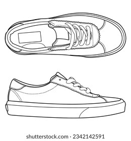 zapatillas de deporte a mano, zapatos de gimnasia, vistas laterales y de lenguado. Imagen en diferentes vistas: vista frontal, posterior, superior, lateral, de lenguado y 3d. Ilustración del vector Doodle.	
