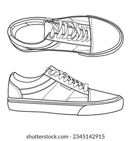 hand drawn sneakers, gym shoes, side and sole view. Image in different views - front, back, top, side, sole and 3d view. Doodle vector illustration.	
