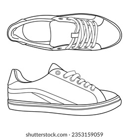 hand drawn sneakers, gym shoes, top view. Image in different views - front, back, top, side, sole and 3d view. Doodle vector illustration.