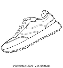 hand drawn sneakers, gym shoes, side and sole view. Image in different views - front, back, top, side, sole and 3d view. Doodle vector illustration.	
