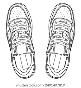 hand drawn sneakers, gym shoes, top view. Image in different views - front, back, top, side, sole and 3d view. Doodle vector illustration.	