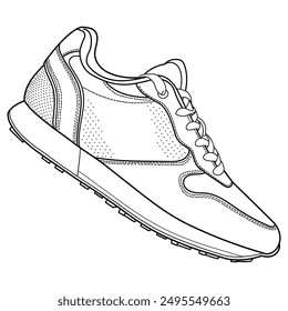 hand drawn sneakers, gym shoes, top view. Image in different views - front, back, top, side, sole and 3d view. Doodle vector illustration.