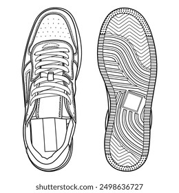 hand drawn sneakers, gym shoes, top view. Image in different views - front, back, top, side, sole and 3d view. Doodle vector illustration