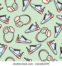 Hand drawn sneakers and headphones seamless pattern. Sport background. Vector illustration.