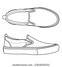 hand drawn sneakers, moccasin, slipon, gym shoes, side and sole view. Image in different views - front, back, top, side, sole and 3d view. Doodle vector illustration	
