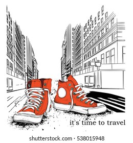 Hand drawn sneakers on background. Run Concept. New York hand drawn vector illustration